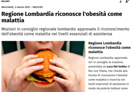 La Regione Lombardia riconosce L'obesità come malattia